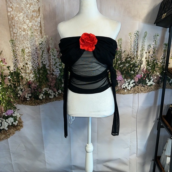 Amanda Uprichard X Revolve Nellia Blouse in Black With Red Rose - Picture 5 of 7